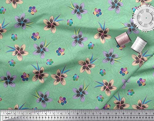 Тъкани от памук джърси Soimoi зелен цвят, плат с флорални принтом листа и плюмерии, ширина 58 см