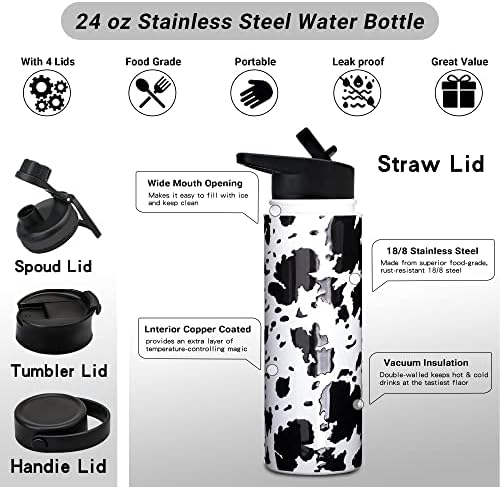 Бутилка за вода с принтом крави Boelia, Изолирано Бутилка за вода от неръждаема Стомана, 4 капачки, Бутилка