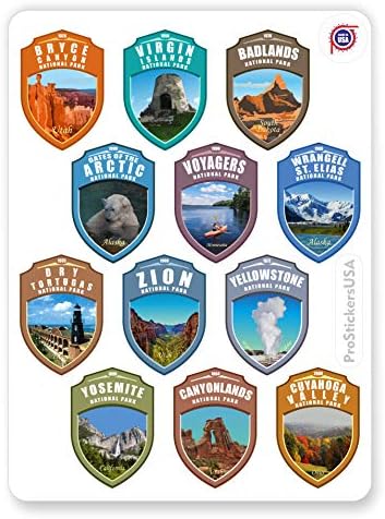Набор от стикери Shields Collection размер на 1,4 х 2,0 инча от 63 национални паркове на САЩ. Карта на национални