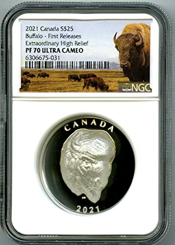 Канадската монета от 2021 г., Канадското Сребро, Изключителен Горельефный Пруф BISON BUFFALO, ПЪРВИТЕ ИЗДАНИЯ