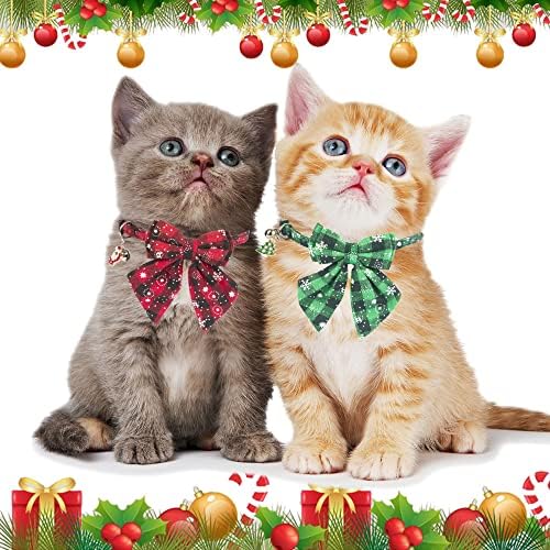 Коледни Яки ADOGGYGO за котки Breakaway със Стилен лък, 2 Опаковки в Червено-Зелена клетка с Снежинкой, Коледен Нашийник за Коте с Камбана, Подвижни Коледен Нашийник с пеперу