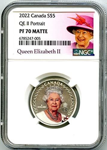ПОРТРЕТ на кралицата на Канада ЕЛИЗАБЕТ II В НАСЛЕДСТВО от 2022 г., 5 долара, NGC PF70, Матиран
