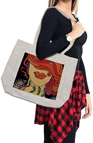 Модерна Пазарска чанта Ambesonne, Сюрреалистичный Абстрактен Портрет на Жена с Завитыми цветя и листа в Косата