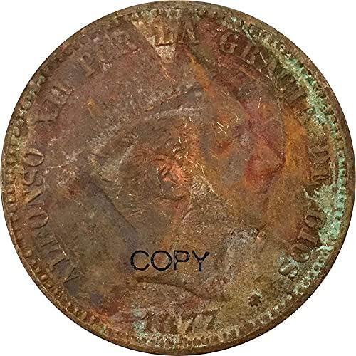 Испания 10 Сантима Алфонсо XII 1877 Червена Мед Копирни Монети Лъскав Край за Сувенирни Копия на Новост Монета,