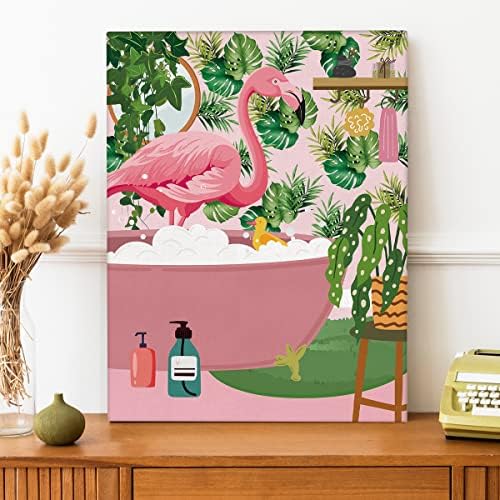 NISTOMISU Фламинго в Банята, Щампи върху Платно, Стенен Декор, Тропически Розово Платно с Фламинго, Художествена
