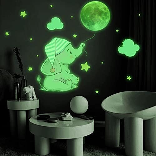 Cartoony Слон Луната Звезда Творчески Флуоресцентни Стикери за Стена, Декоративни Стикери За Стена, Стикери