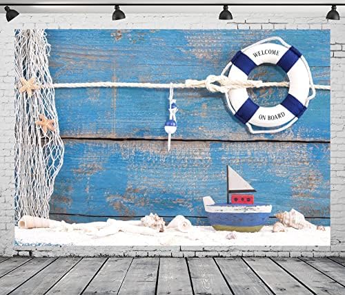 Текстилен Морски Фон BELECO 10x6,5 метра, Спасителен кръг и Миди, за Играчки, Лодки в Синьо, кутия от дърво