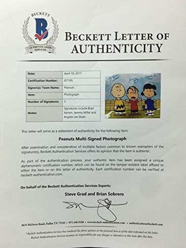 Бекет Автентичен глас на Чарли Браун Брад Кестена, Анджела Ли Слоун и Джереми Милър с автограф Peanuts 16x20