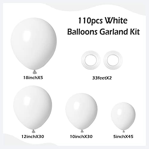 FOTIOMRG 110 бр. Комплект Арка с Венец от бели Балони, 18 12 10 5 см, Бели Латексови Балони с Различни Размери,