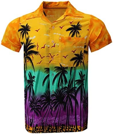 GDJGTA Модерен Мъжки Ежедневни Плажна Блуза с Гавайским принтом Копчета и Къс Ръкав, Мъжки t-shirt Жълт Цвят
