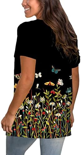 Дамски Памучен Блуза 2023 с Къс Ръкав Vneck Графичен Принт на Цветя Случайни Топ Риза за Дами Лято Есен BE BE