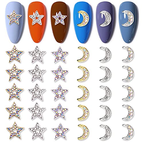 WOKOTO 30 бр. Висулки за нокти под формата на Звездички, Сребърни Висулки за дизайн на ноктите, Бижута, Кристали
