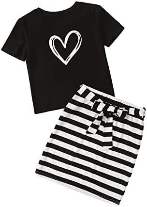 Комплект дрехи OYOANGLE за момичета от 2 теми, Графичная Тениска с къс ръкав и Раирана Пола С колан