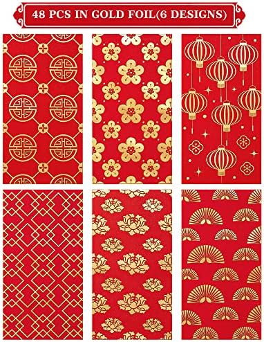 Whaline 48 Опаковки Китайски Новогодишни Червени пликове 6 Дизайни от Червено златно фолио Хонг Bao Година на
