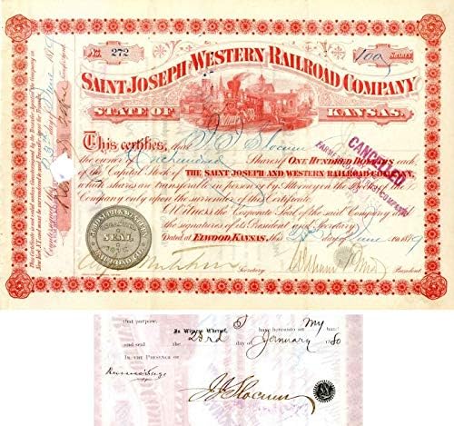Saint Joseph и Western Railroad Co., подписани Ръсел Сейджем и Дж.Дж. Слокумом - Склад за сертификат