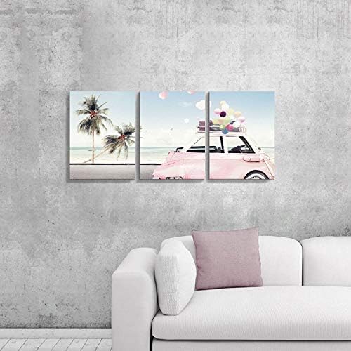 ХУДОЖЕСТВЕНА ПЪТЕКА Океанская Картина на Крайбрежната Художествена живопис: Плажна Палма и Розова Автомобили