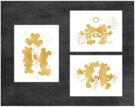 Просто прекрасен комплект от 3 щампи с размер 8 x 10 инча, вдъхновени от Мики и Мини Маус - Златен плакат -