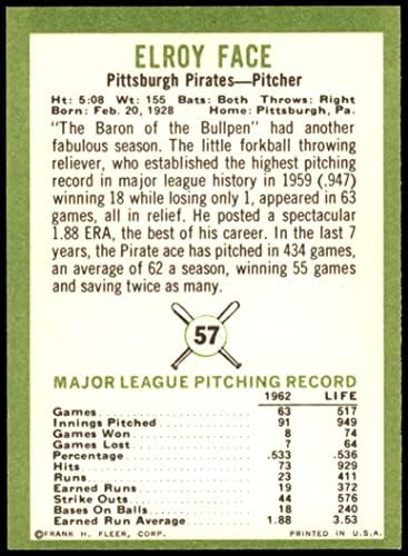 1963 Fleer 57 Рой Face Питсбърг Пайрэтс (Бейзболна картичка) EX/MT Пирати