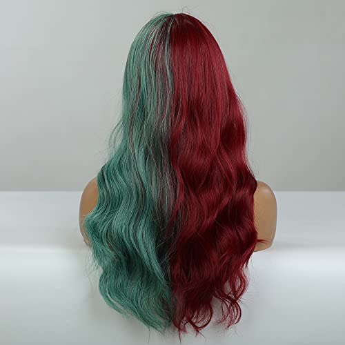 Дамски перуки червени и зелени цветове Mystylecos; дълги вълнообразни перука с бретон от устойчиви на топлина