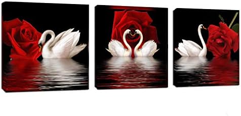 Amoy Art - 3 Панела Красиви Романтични Лебеди Арт Принт на платно с Цветя, Червени Рози, с монтиран на стената