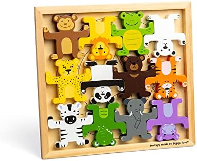 Bigjigs Toys Чейнджър диви животни - 12 дървени играчки за подреждане на животните, Висококачествени играчки
