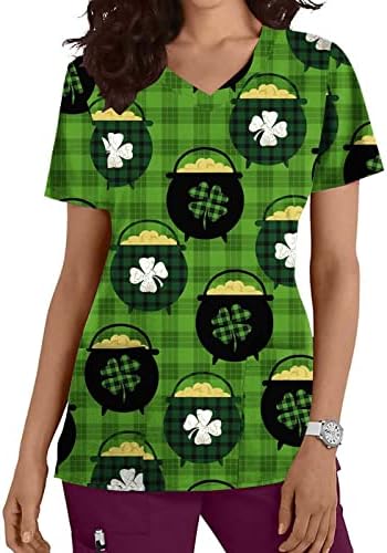 Дамски тениски Scrub_Tops на Свети Патрик с принтом на Сърцето и Щастлива Централи с джобове, Риза с кръгло