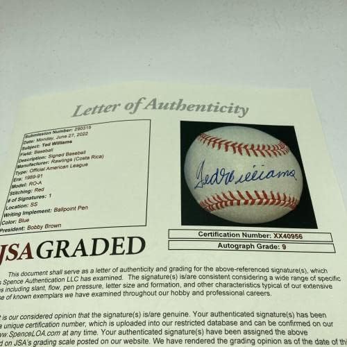 Страхотен сингъл на Тед Уилямс С Автограф на Американската лига бейзбол JSA, Цена MINT 9 - и Бейзболни топки