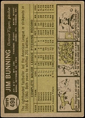 1961 Topps # 490 Джим Баннинг Детройт Тайгърс (Бейзболна картичка) VG+ Тигри