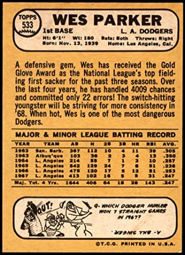 1968 Topps 533 Уес Паркър Лос Анджелис Доджърс (Бейзбол карта), БИВШ играч на Доджърс