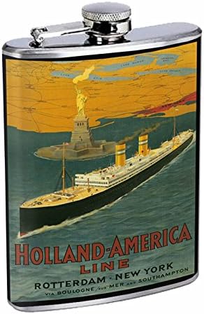 Безупречен стил, колба от неръждаема стомана, 8 грама, ретро постер D-075 Holland America Line Ротердам, Ню Йорк, Via Boulogne