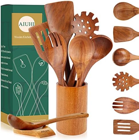 Комплект дървени Прибори за готвене AIUHI, Дървени Лъжици за готвене, Прибори за хранене от Тиково дърво с държач